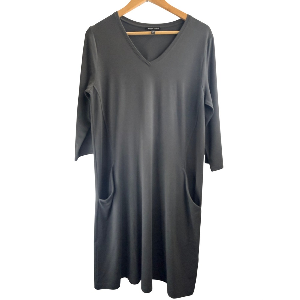 Eileen Fisher Womens Charcoal Gray Tencel V-Neck 3/4 Sleeve Pocket Shift Dress M